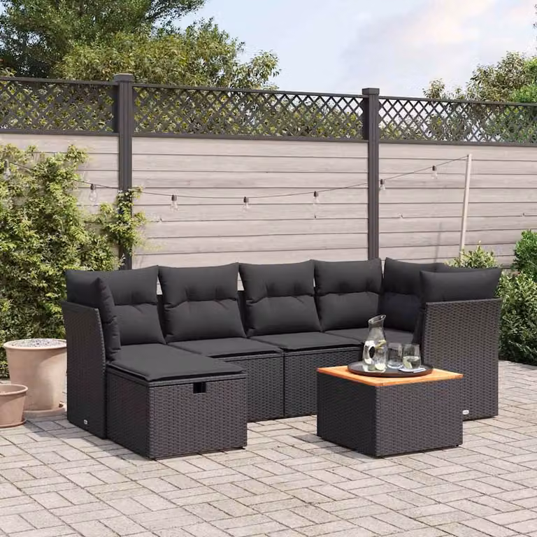 vidaXL Set Divani da Giardino a L con Cuscini 7pz Nero in Polyrattan e Acciaio