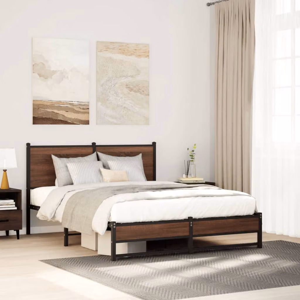 vidaXL Giroletto in Metallo Marrone Rovere senza Materasso L: 140 cm, P: 190 cm