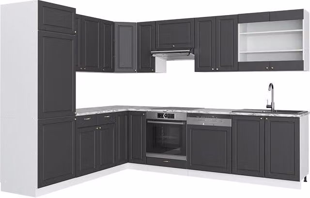 Cucina angolare moderna Vicco Fame-Line Antracite, Oro e Bianco con piano effetto marmo L/P/H: 287 x 227 cm