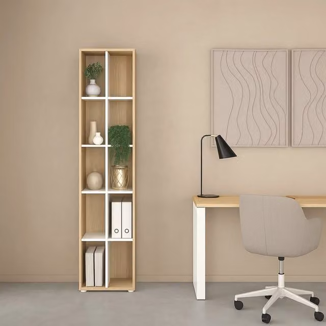 Libreria Erevan DMORA, Scaffale da ufficio e mobile portalibri moderno in Rovere e Bianco, L: 41 cm, P: 34 cm, H: 205 cm