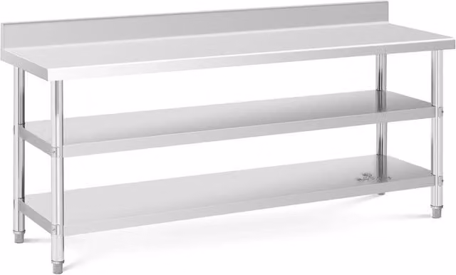 Tavolo da lavoro in acciaio inox tavolo da lavoro in acciaio inox con schienale e paraschizzi 200 x 60 x 16,5 cm 235 kg 2 ripiani 14_0007313
