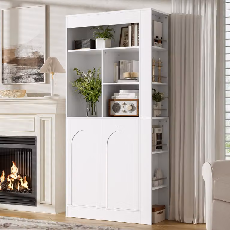 Armadietti da cucina Flieks con ripiano aperto, 2 ante e vani portaoggetti laterali, mobile contenitore multifunzione, mobile alto 85x35x180 cm, bianco