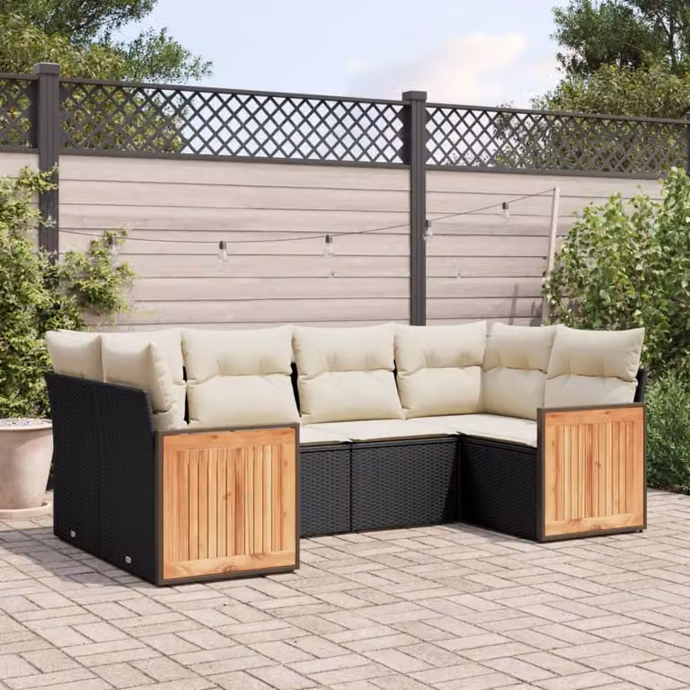 Set Divano da Giardino vidaXL 6 pz a Forma a L con Cuscini, Polyrattan e Metallo, Nero e Bianco