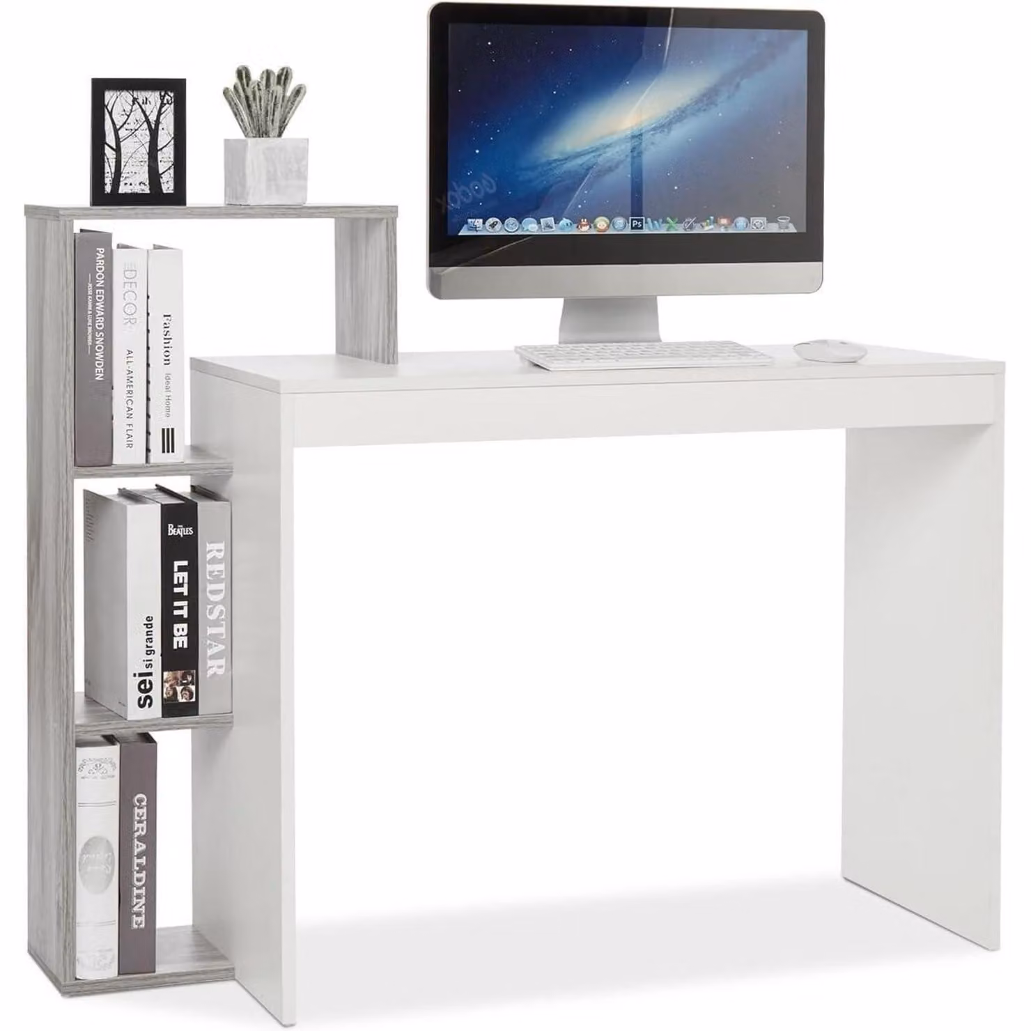 Scrivania compatta con ripiano a 3 livelli, salvaspazio, dimensioni 110 x 40 x 92 cm, colore bianco e grigio