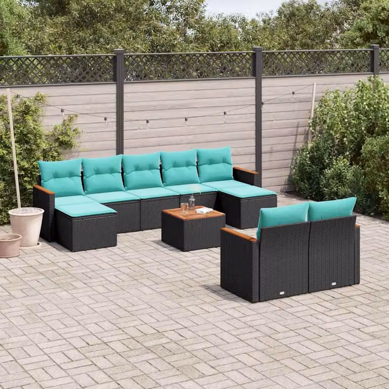 Set di divani da giardino vidaXL 10 pezzi in polyrattan nero con cuscini blu e struttura in legno di acacia oliato