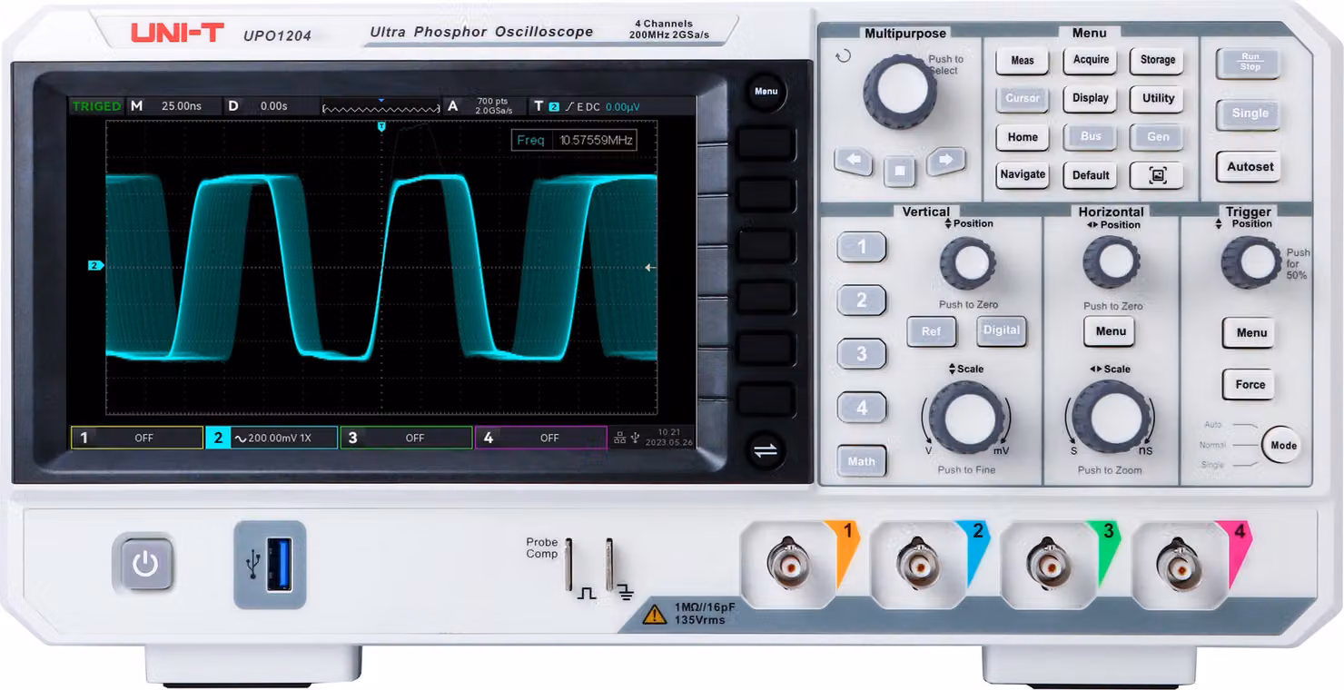 Oscilloscopio a memoria UNI-T UPO1204, 4 canali, 200 MHz, 2 GSa/s