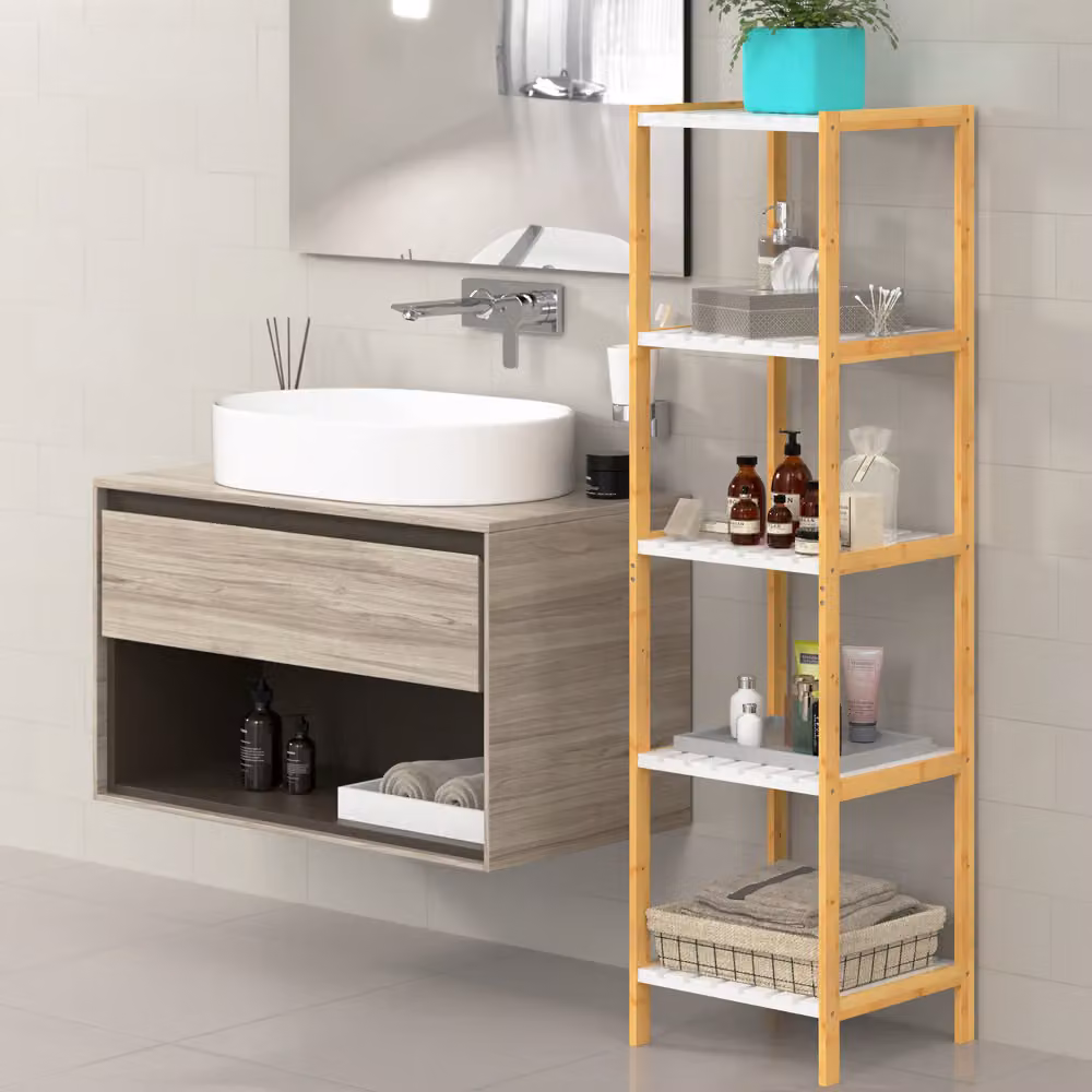Scaffale per bagno Casaria® con 5 ripiani in bambù bianco H 110 x L 33 x P 34 cm – 2