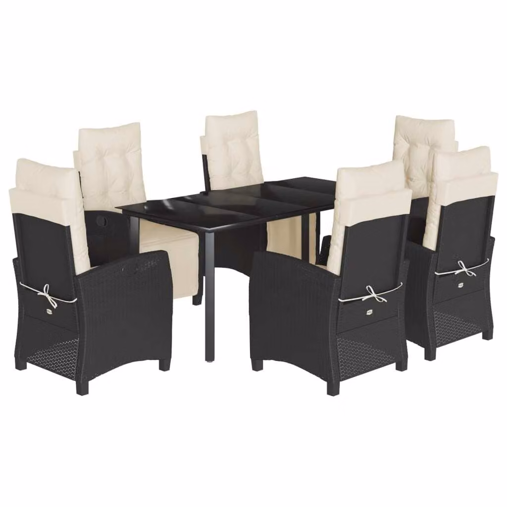 Set da Pranzo da Giardino 7 pz Nero con Cuscini in Polyrattan