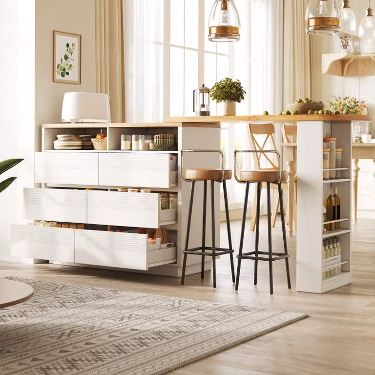 Tavolo multifunzionale per il bar con sei cassetti, piano estendibile, isola per la cucina con ripiano laterale, tavolo alto, colore bianco