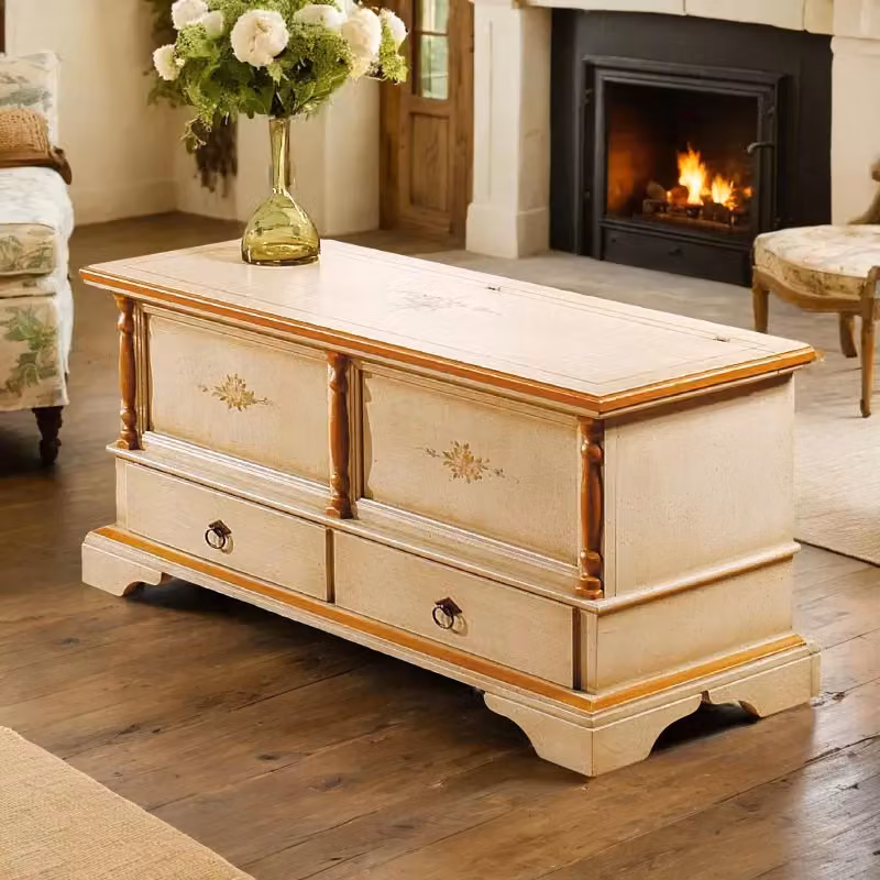 Cassapanca in legno con 2 cassetti Mobili 2G colore avorio e profilo ocra L: 120 cm, P: 46 cm, H: 51 cm – 1