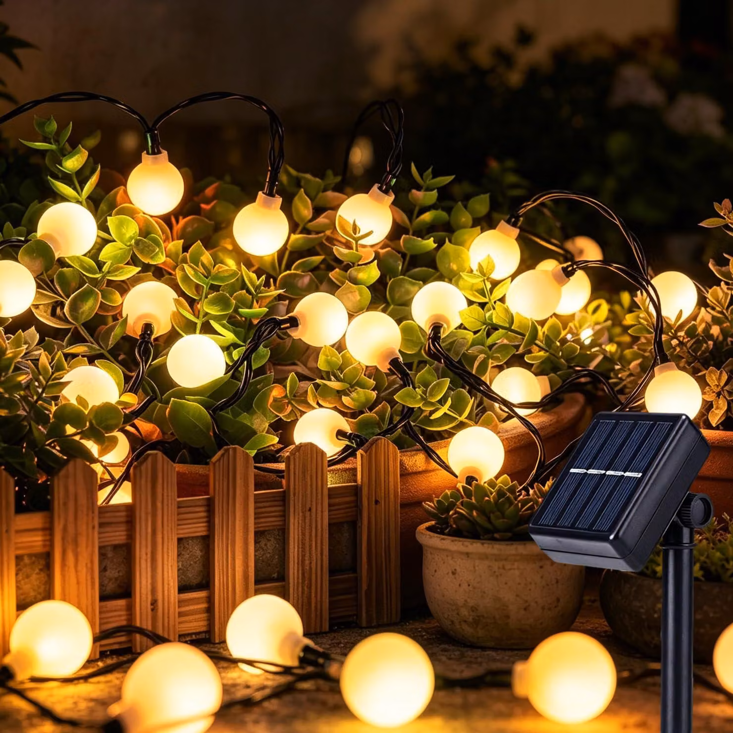 Catena luminosa solare, 6,5 metri, 30 sfere LED colorate, luce bianco caldo