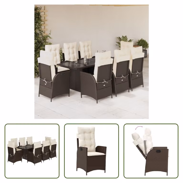 The Living Store Set da pranzo da giardino 9 pezzi con cuscini in polirattan marrone