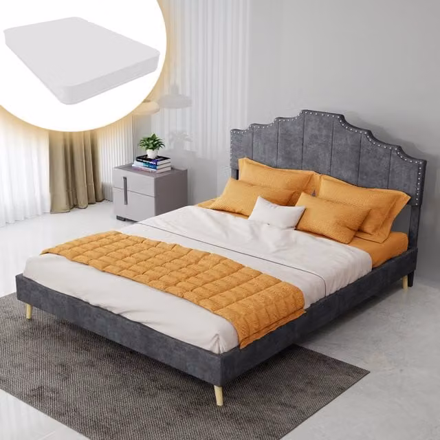 Letto matrimoniale 140x200 cm con testiera geometrica imbottita in tessuto grigio