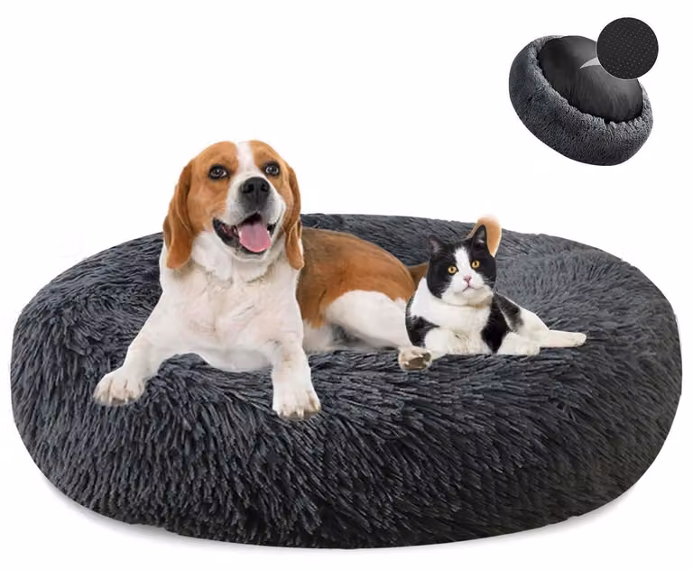 Cuccia per cani a forma di ciambella, in peluche, lavabile, morbida, per cani e gatti, diametro 90 cm, grigio scuro