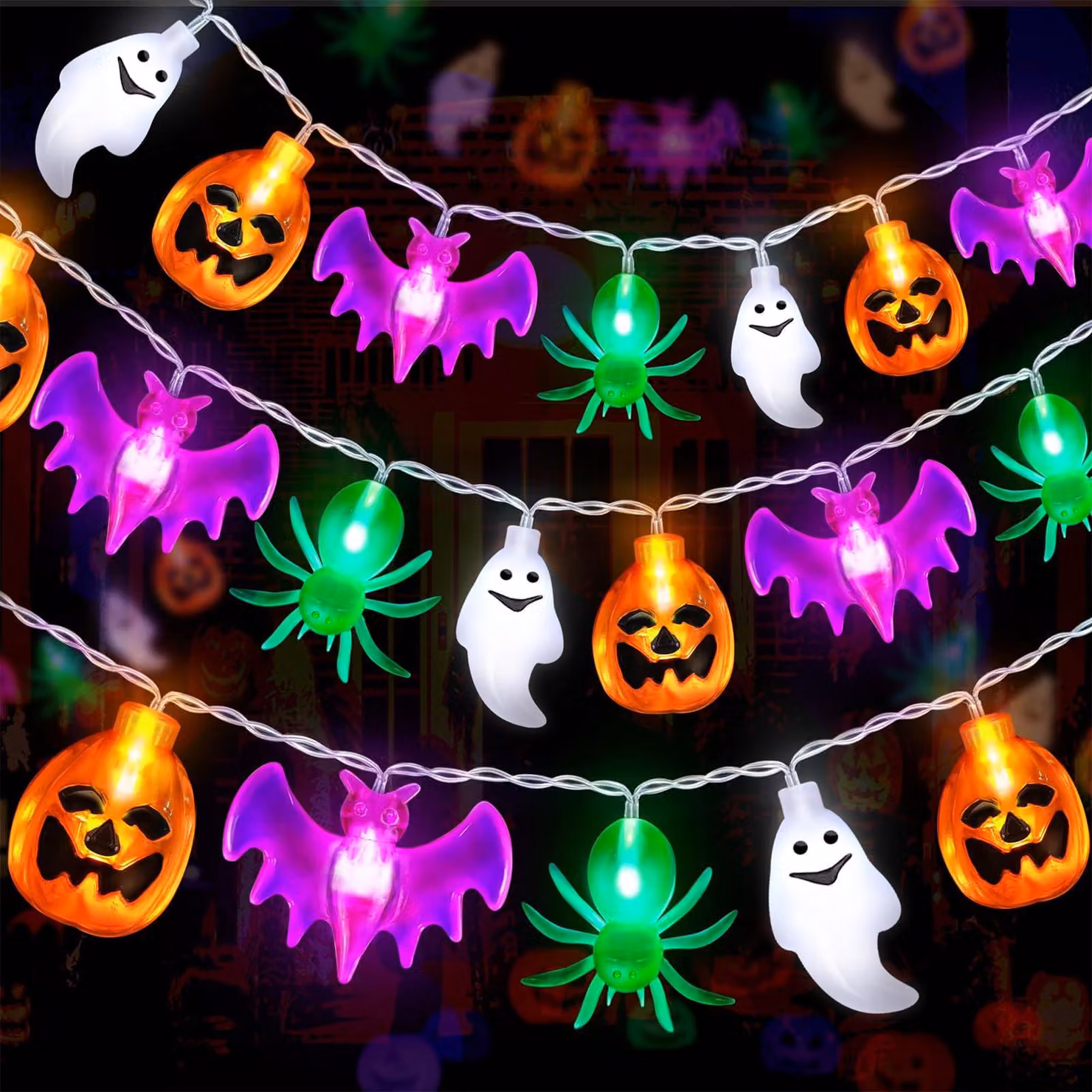 Catena luminosa a tema Halloween, 3 metri, 20 LED, con decorazioni a forma di zucca, fantasma e pipistrello, grado di protezione IP65