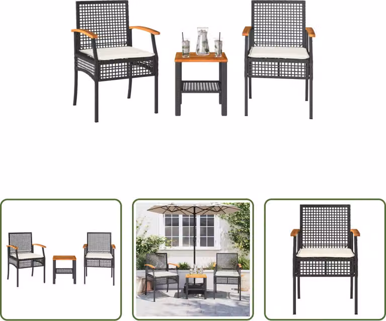 The Living Store Set bistrot 3 pezzi con cuscini in poly rattan nero e legno di acacia