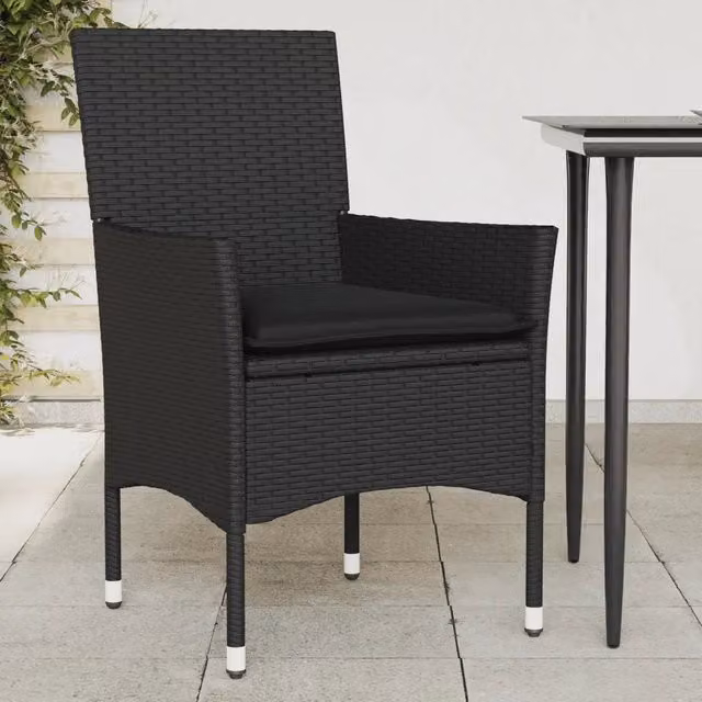 Set di 2 sedie da giardino moderne vidaXL in polyrattan nere con cuscini in tessuto resistente ai raggi UV
