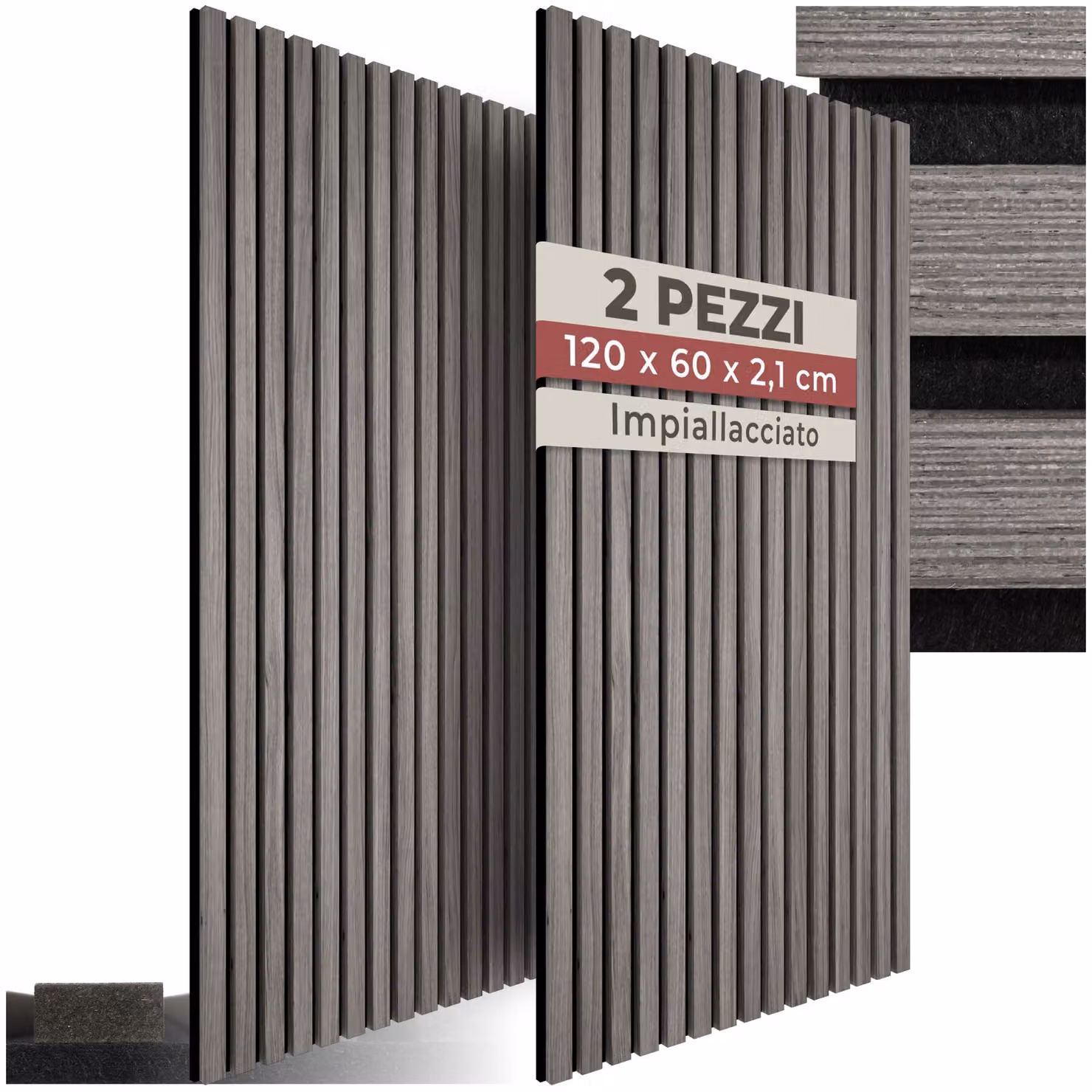 Set di 2 pannelli acustici Sonic Wall tectake con effetto legno in MDF, colore grigio, L: 120 cm, H: 60 cm, P: 2,1 cm – 1