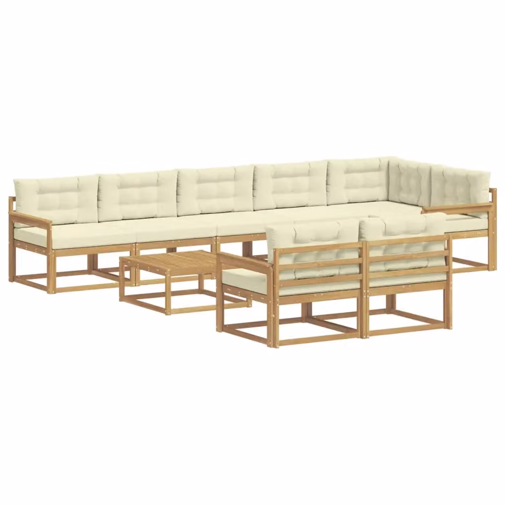 Set di divani da esterno a forma di U vidaXL composto da 9 pezzi con tavolino da caffè, in legno di acacia e tessuto bianco e beige – 2
