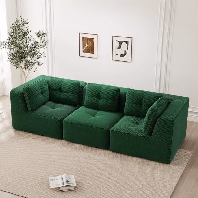 Divano angolare modulare in velluto a coste con seduta profonda 74 cm; verde
