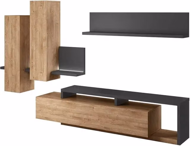 Set di mobili da salotto con LED collezione BERGAMO. Colori rovere e grigio.