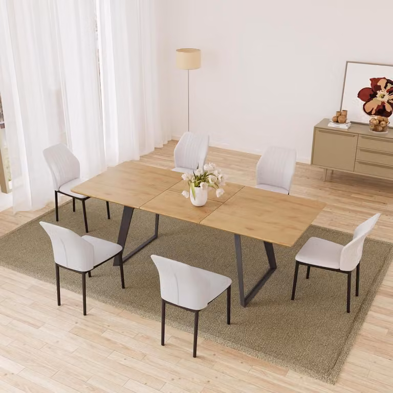 Set tavolo da pranzo allungabile, 130-170 cm, con 6 sedie. Colore: bianco. Materiali: MDF con finitura effetto legno, struttura in metallo nero