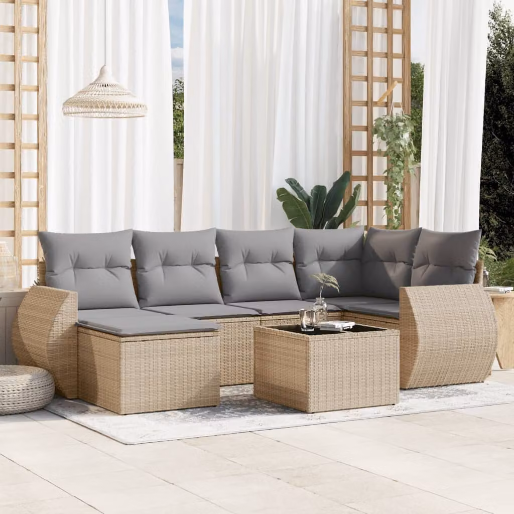 vidaXL Set Divani da Giardino 7 pz a Forma a L con Cuscini Beige e Grigio in Polyrattan e Tavolino da Esterno – 1