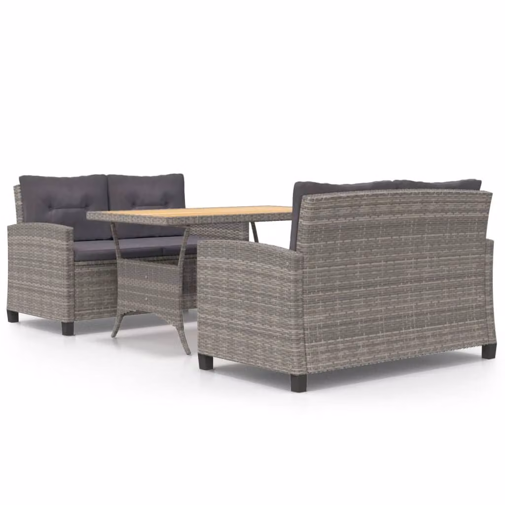 Set da Pranzo da Giardino 3 pz con Cuscini Grigio in Polyrattan