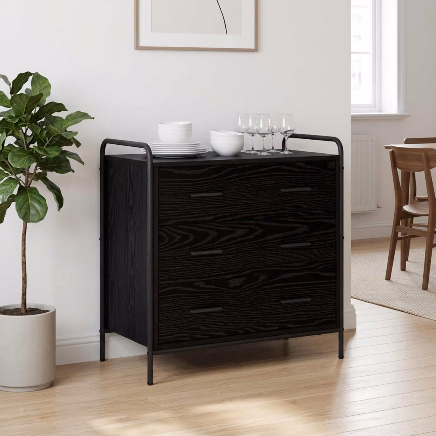 Carrello mobile con cassetti vidaXL in rovere nero con ruote L 70 cm, P 39,5 cm, H 71 cm