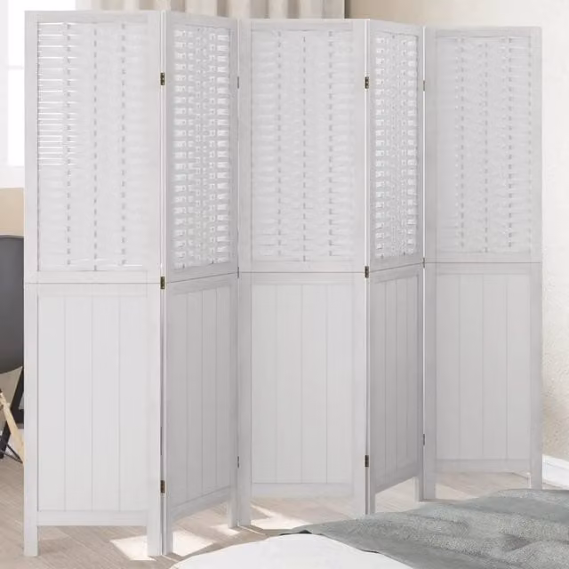 Paravento Divisorio per Ambienti DESIGN IN a 5 Pannelli in Legno di Paulownia e Rattan Bianco H: 180 cm, L: 175 cm