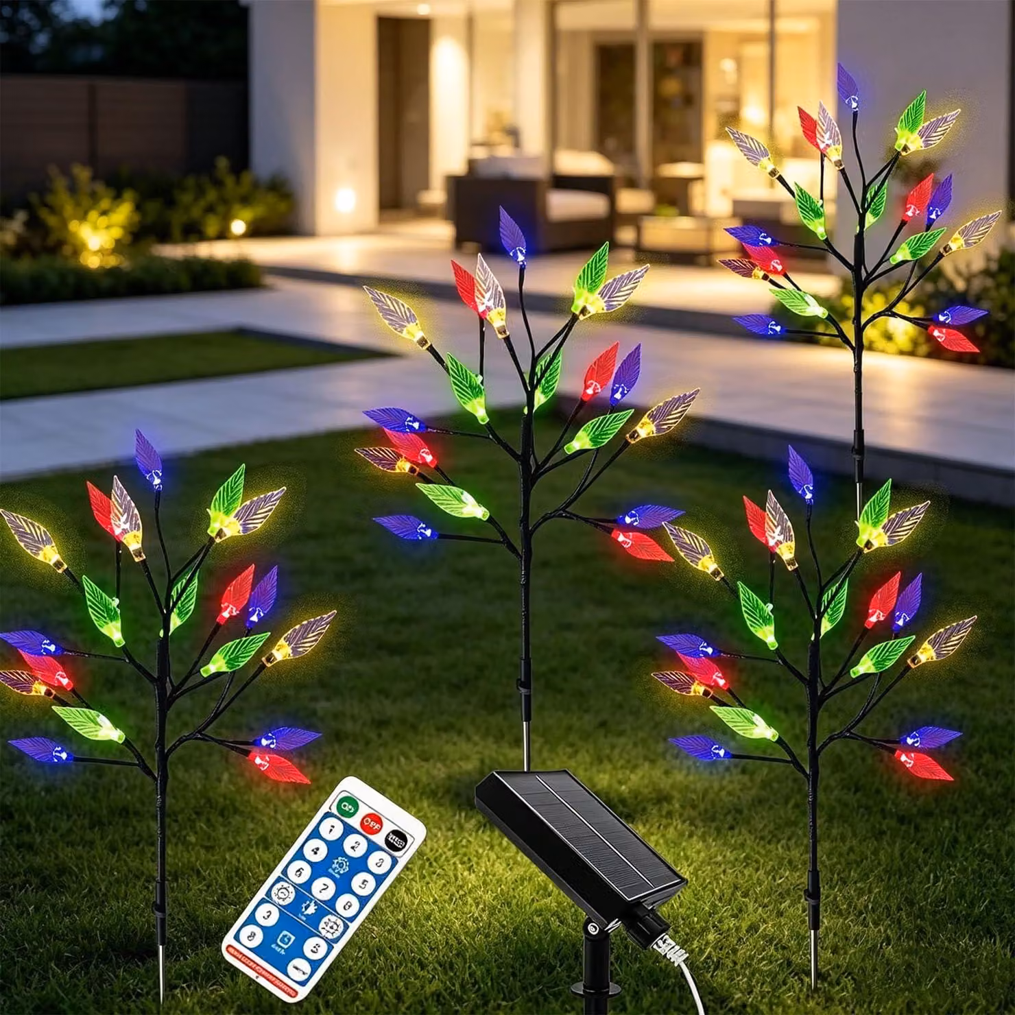 Set di 4 luci solari da esterno, 16 LED, forma a foglia, 8 modalità, grado di protezione IP65, con telecomando