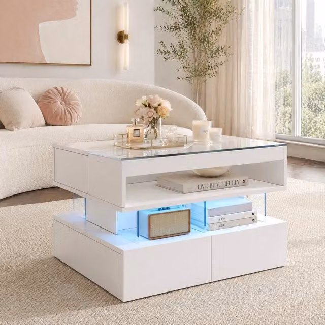 Tavolino da caffè elevabile bianco con LED a 16 colori, vetro e cassetti