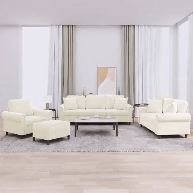 Set di divani 4 pezzi vidaXL in velluto beige con pouf e cuscini per soggiorno