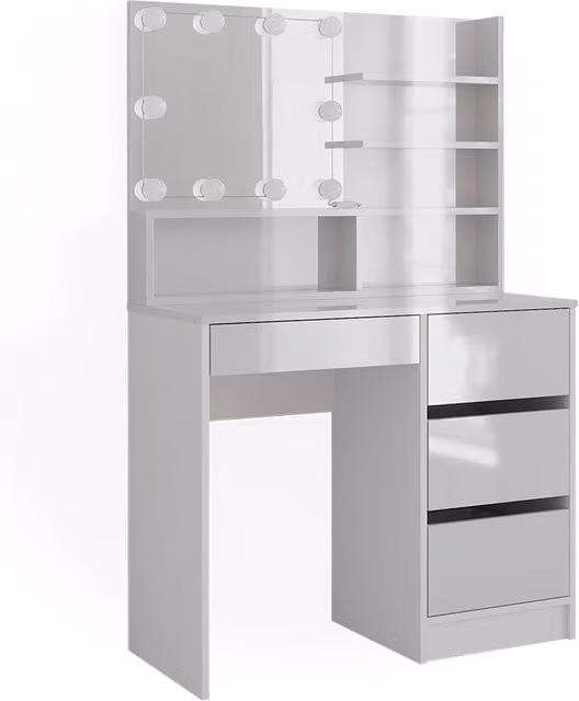 Tavolo da toeletta Sherry Bianco 90 cm con mensola con specchio e catena luminosa LED Vicco
