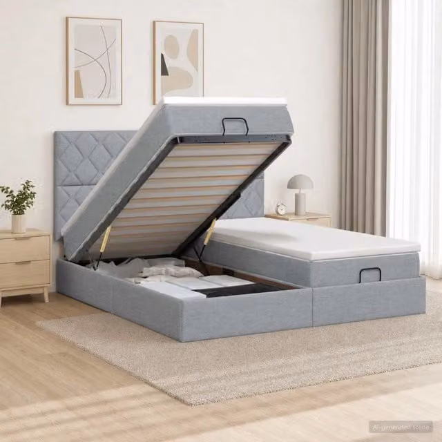 Letto ottomano con materasso vidaXL in tessuto grigio e bianco L/P/H: 200 x 180 x 88 cm