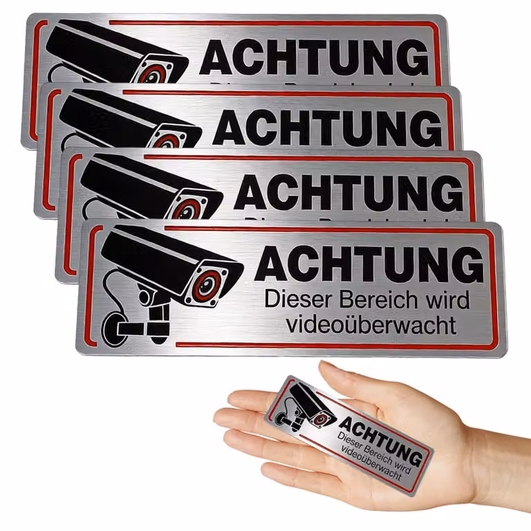 Adesivi per videosorveglianza, autoadesivi, dimensioni 12 x 4 cm, confezione da 4 pezzi, per aree private