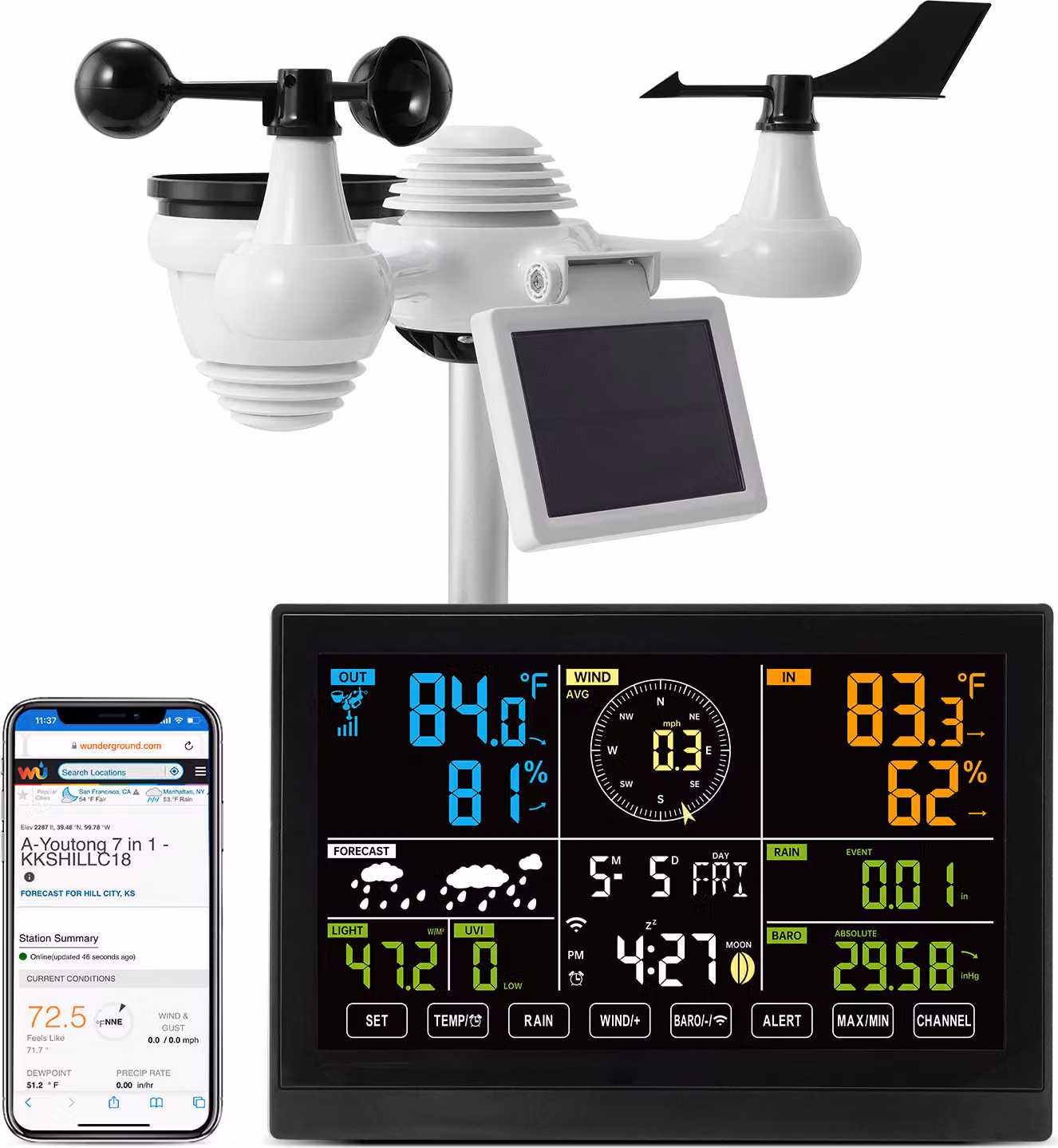 SucceBuy Stazione meteo wireless 7in1 Display a colori da 7,5 pollici Sensore da esterno Portata di trasmissione 150 m Stazione meteo wireless
