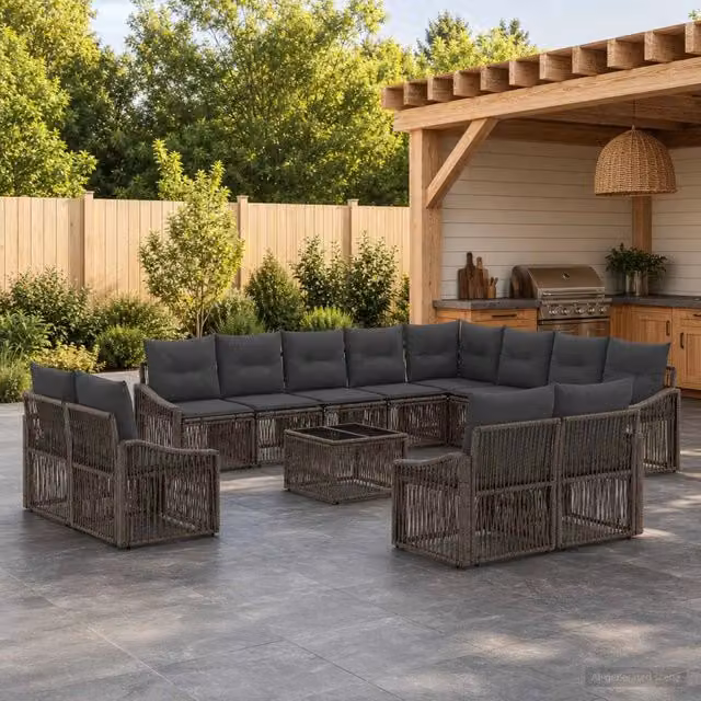 Set Divano da Giardino vidaXL a forma a U in Polyrattan Grigio con Cuscini e Tavolino