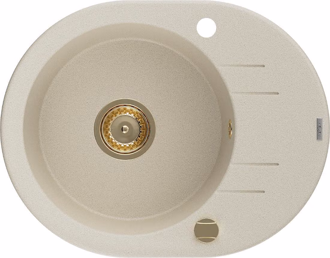 Mexen Kevin lavello in granito 1-vasca con scolapiatti 586 x 458 mm, beige, sifone dorato - 6517581005-69-G