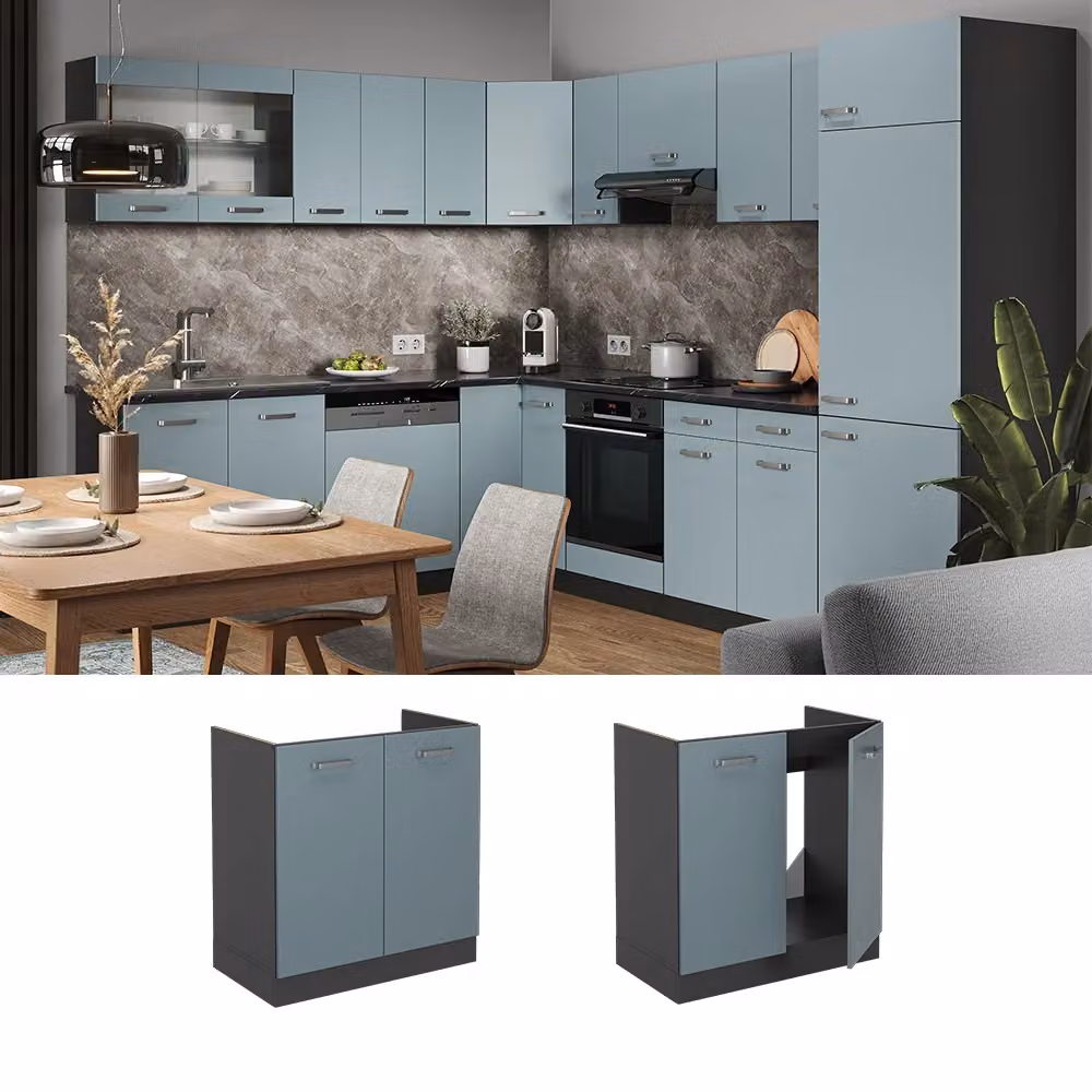Mobile lavello cucina Vicco R-Line moderno senza piano di lavoro, colore blu e antracite opaco, L: 80 cm – 2