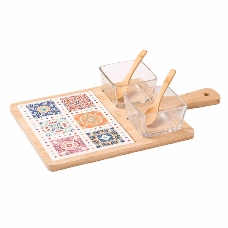 Antipastiera Gusto Casa Linea Azulejos con 2 Ciotole in Vetro e Base in Bamboo Multicolore L: 38 cm, P: 22,5 cm
