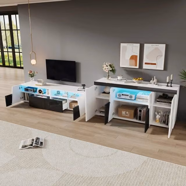 Mobile porta TV REDOM moderno in bianco e nero con frontale lucido e illuminazione LED integrata L: 180 cm, P: 38,5 cm, H: 45 cm