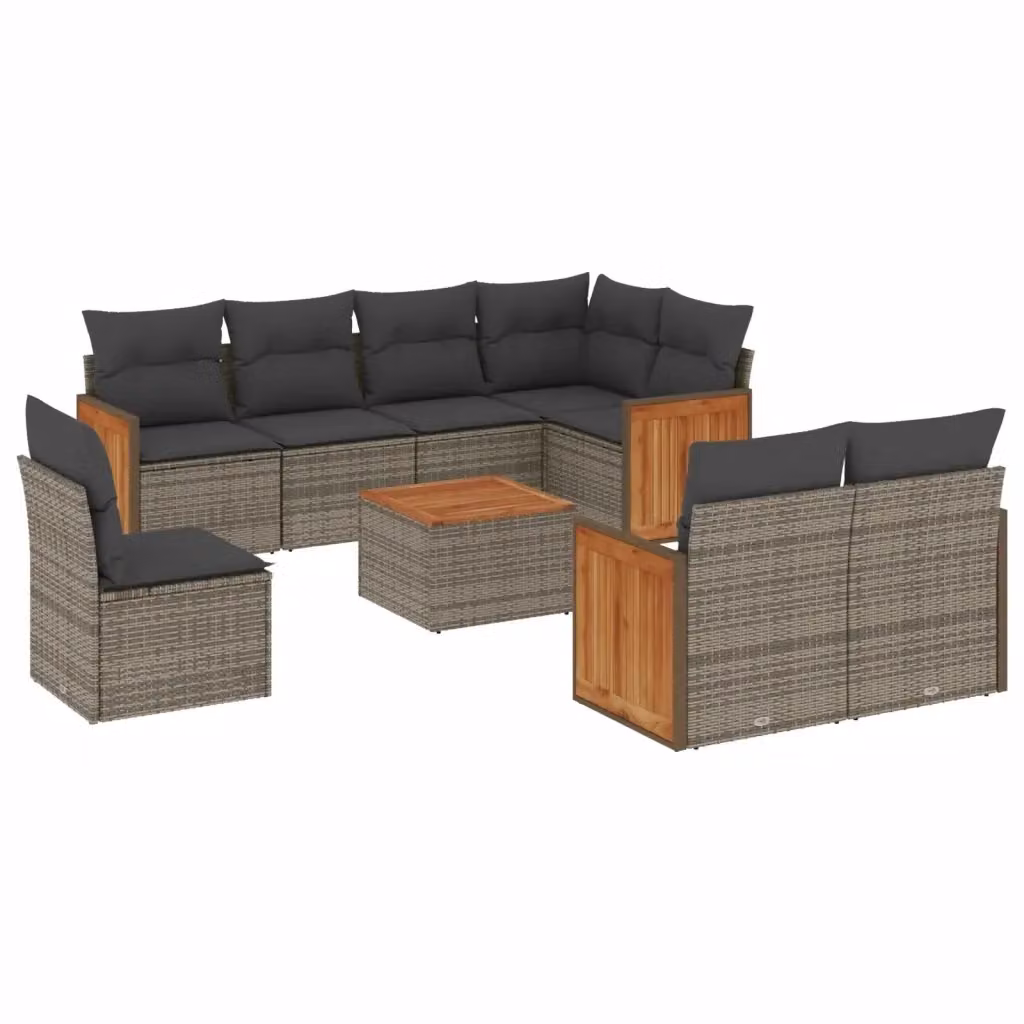 vidaXL Set Divano da Giardino 9 pz a L in Polyrattan Grigio con Cuscini e Tavolino – 2