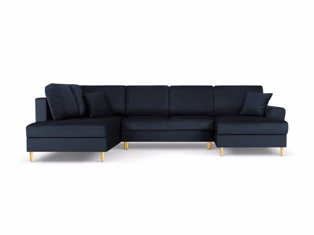 Divano panoramico convertibile Kyoto Cosmopolitan Design con contenitore, 7 posti, velluto blu e oro, L 313,0 cm x P 183,6 cm x H 88,0 cm – 2