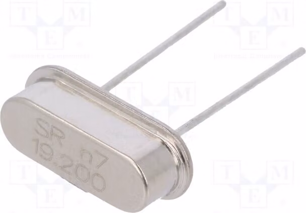2 x Risonatore: Cristallo a montaggio su circuito stampato, precisione 30 ppm, capacità 20 pF, frequenza 19,2 MHz, modello HC49-S, 19.2M-49S-SR. Risonatori a cristallo