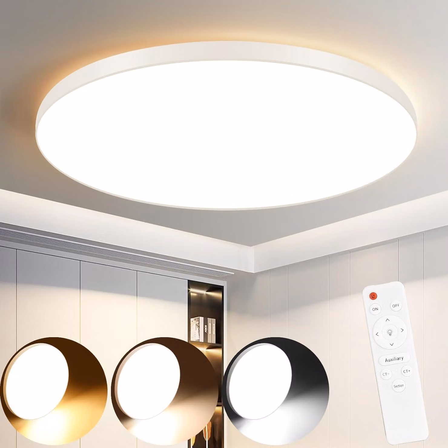 ZMH Lampade da soffitto a LED bianche, lampada da soffitto rotonda da 28 cm, lampada da soffitto dimmerabile con telecomando, modello piatto da 30 W, lampada da cucina per soggiorno e camera da letto