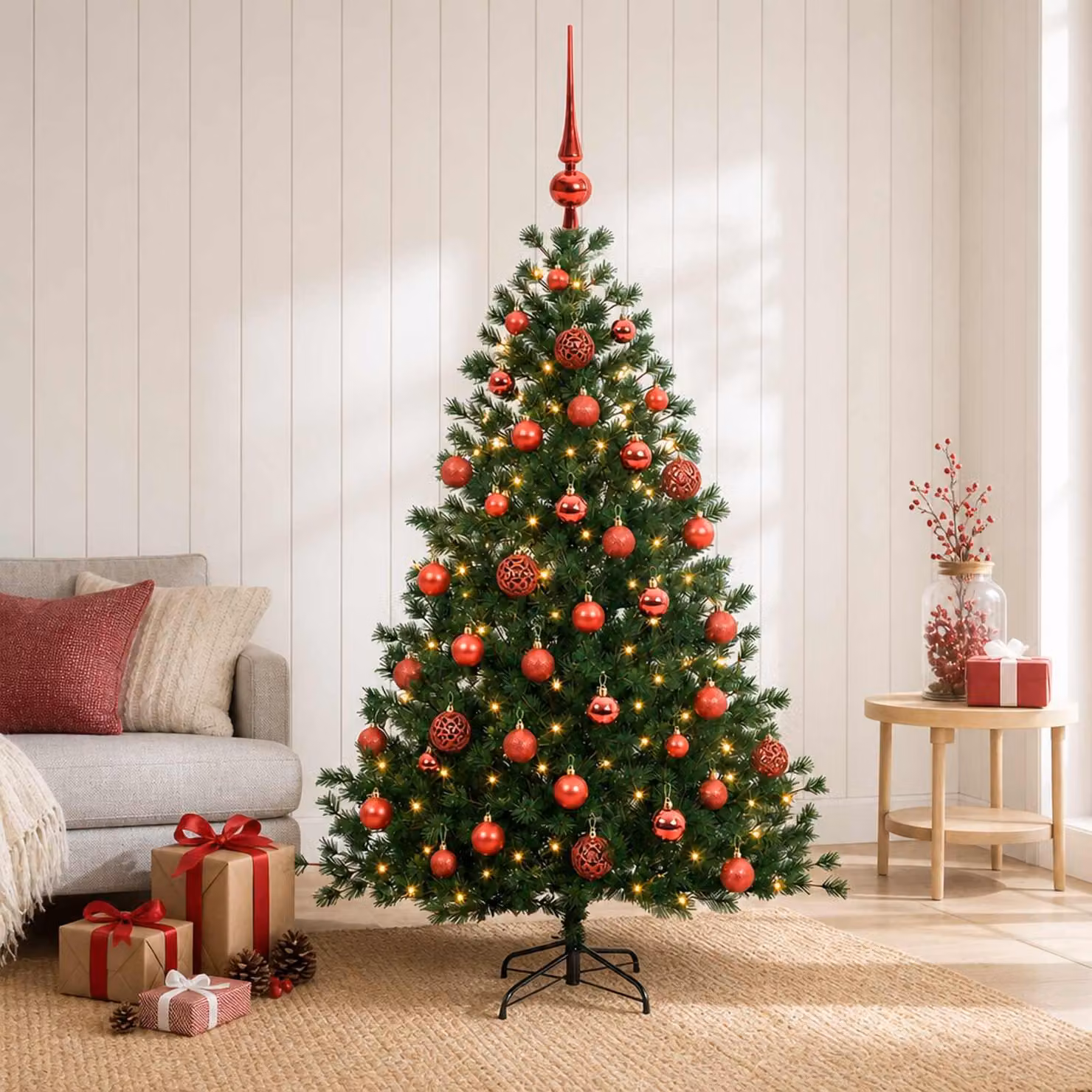 Albero di Natale artificiale con decorazioni natalizie, altezza 150 cm, 150 luci LED