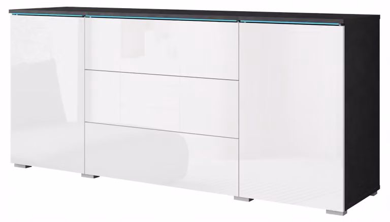 Comò da salotto, 150 cm, con 3 cassetti e 2 ante, finitura matero/bianco lucido