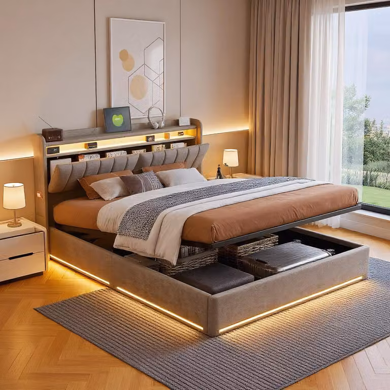Letto matrimoniale con boxspring, dimensioni 160x200 cm, con spazio contenitore, struttura imbottita con sistema idraulico, illuminazione a LED e porta USB, rete a doghe in legno, rivestito in velluto, colore grigio