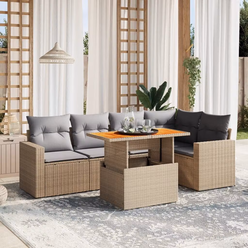 vidaXL Set Divano da Giardino a L 6 pz in Polyrattan con Cuscini Beige e Tavolino da Caffè – 1